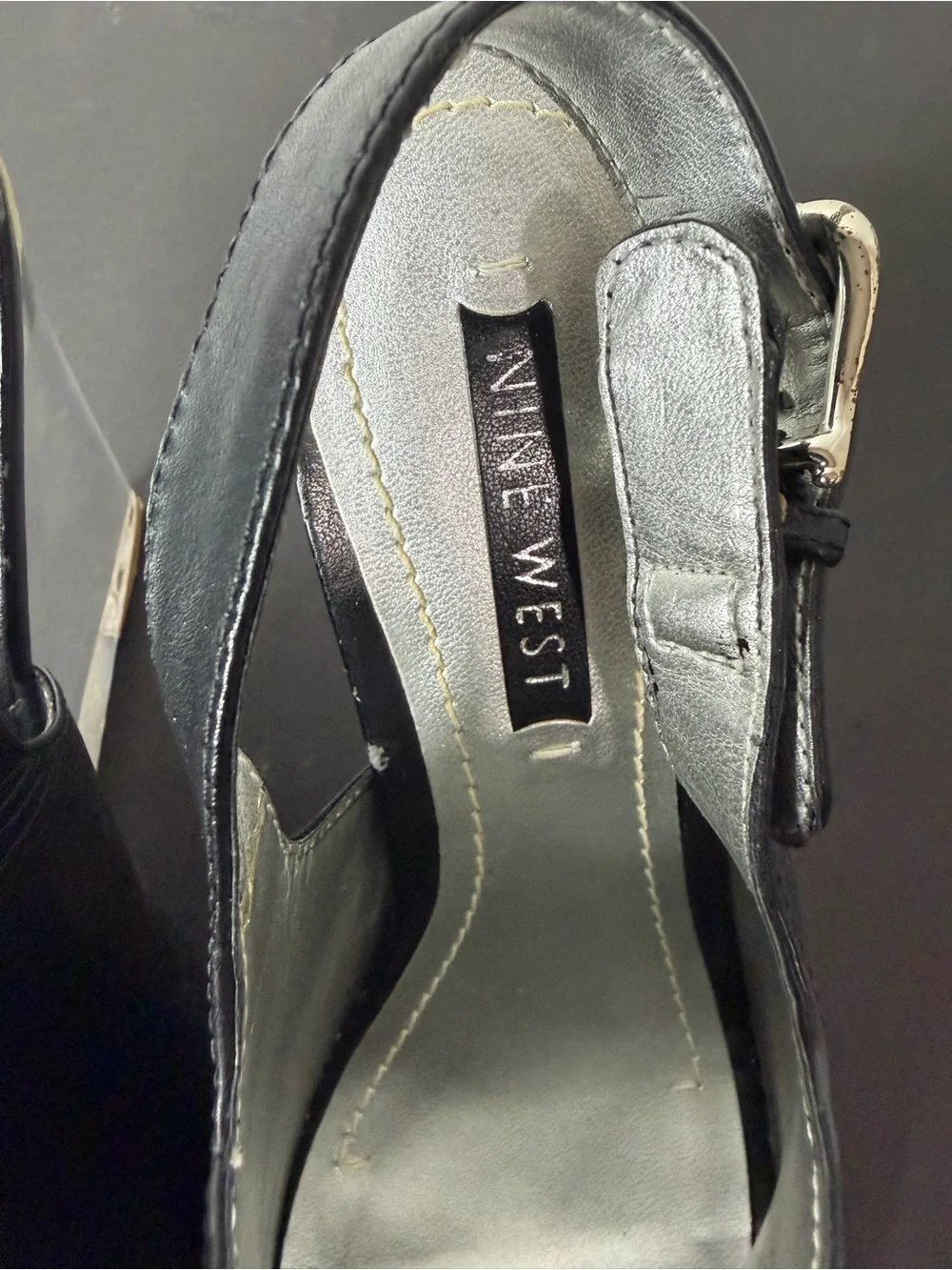 Nine West Black Leather Open-Wedge Slide Sandals with Clear Heel